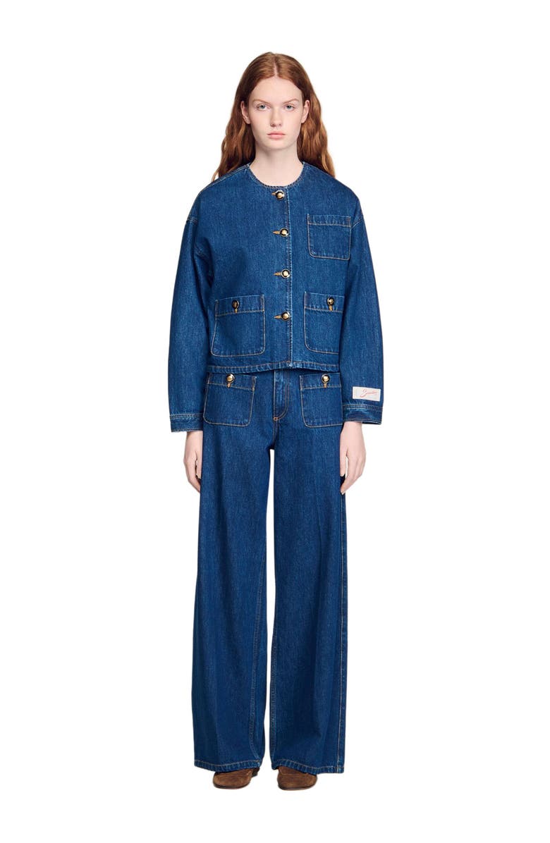 SANDRO Statement button denim jacket, Alternate, color, Deep Blue
