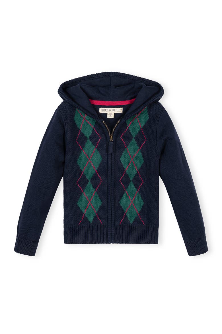 Kids' Organic Full Zip Hoodie Sweater, Main, color, Navy Argyle