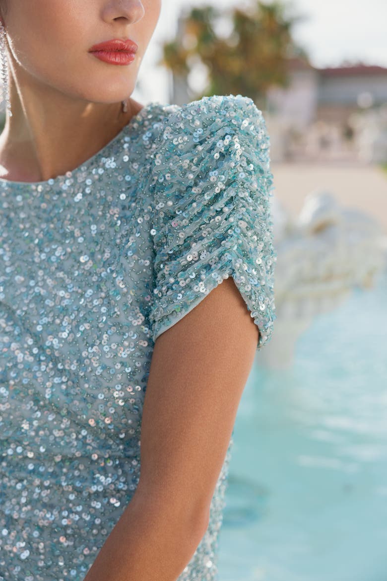 Beaded Mesh High Neck Puff Sleeve Gown, Alternate, color, Powder Blue