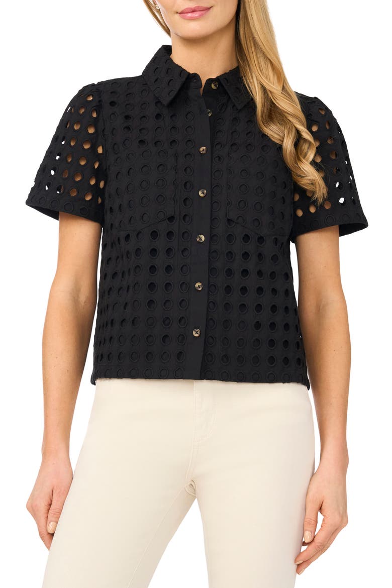 Cotton Eyelet Button-Up Shirt, Main, color, RICH BLACK