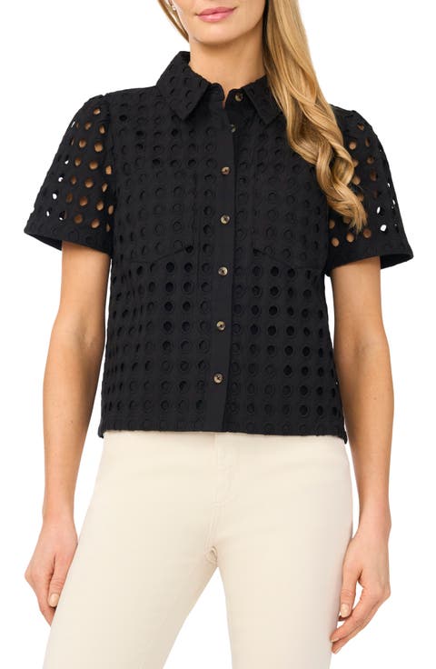 Cotton Eyelet Button-Up Shirt