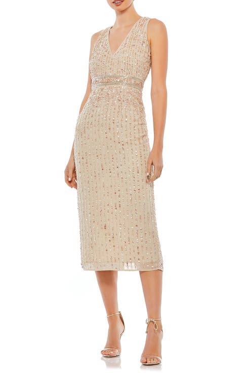 Sequined Sleeveless V-Neck Midi Sheath Dress
