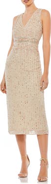 Mac Duggal Sequined Sleeveless V-Neck Midi Sheath Dress