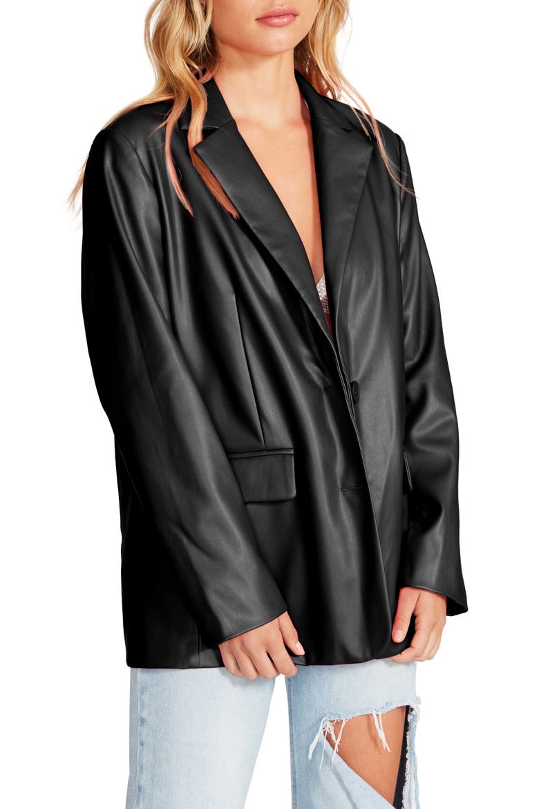 Faux Leather Boyfriend Blazer, Alternate, color, BLACK