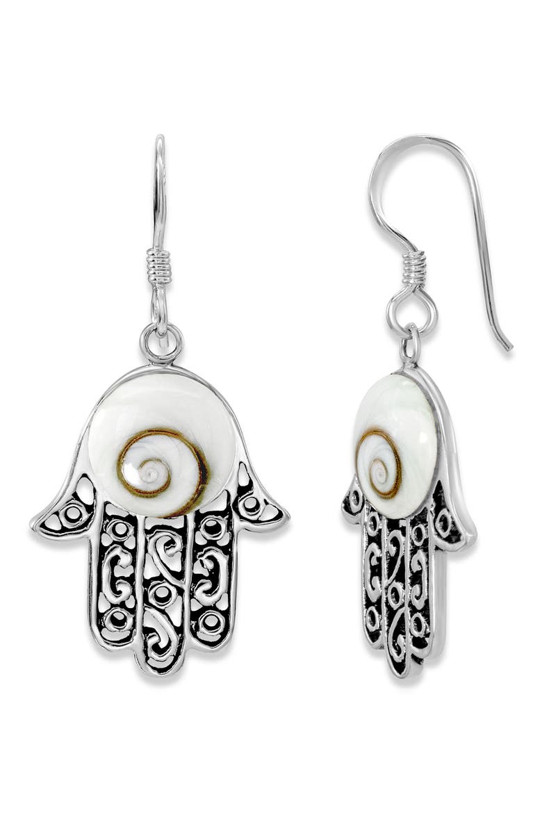 Sterling Silver Shiva Eye Hamsa Hand Drop Earrings, Main, color, WHITE