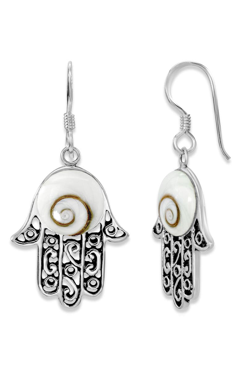 SAMUEL B. Sterling Silver Shiva Eye Hamsa Hand Drop Earrings, Main, color, White