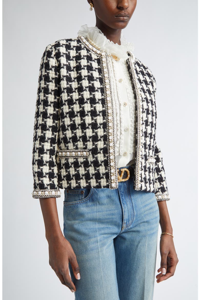 Houndstooth Check Tweed Crop Jacket, Alternate, color, IVORY/ BLACK