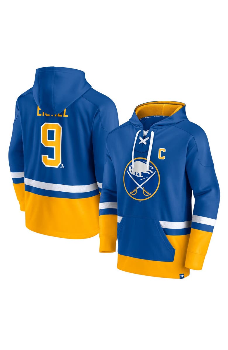 FANATICS Men's Fanatics Branded Jack Eichel Royal/Gold Buffalo Sabres Player Lace-Up V-Neck Pullover Hoodie, Main, color,
