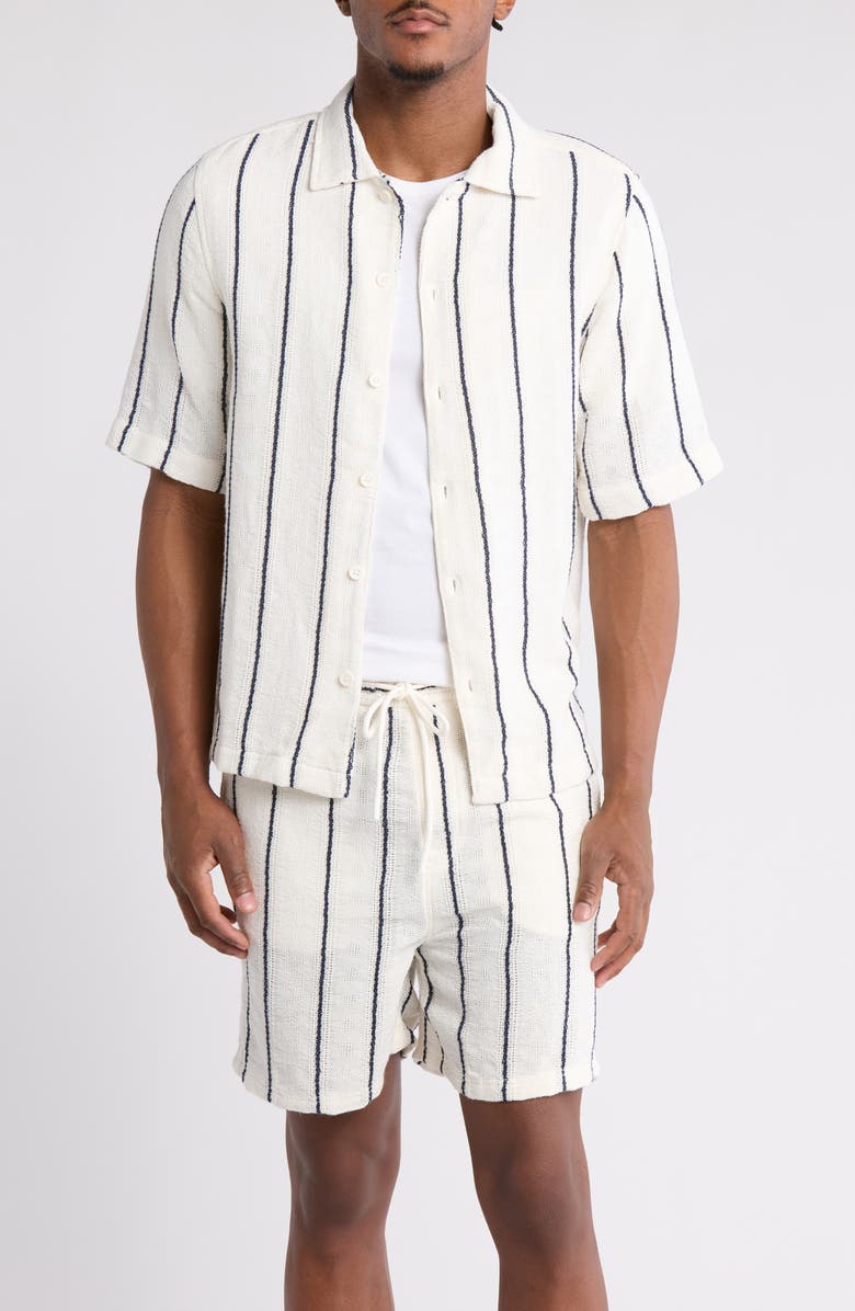 DENIM AND FLOWER Texture Stripe Short Sleeve Shirt, Main, color, Cream/ Black Stripe