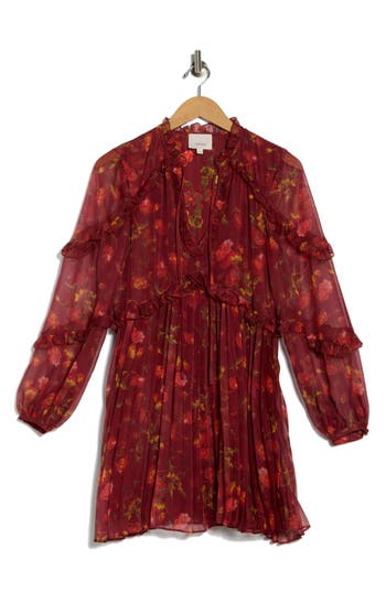 Cinq À Sept Robin Floral Print Long Sleeve Minidress In Red