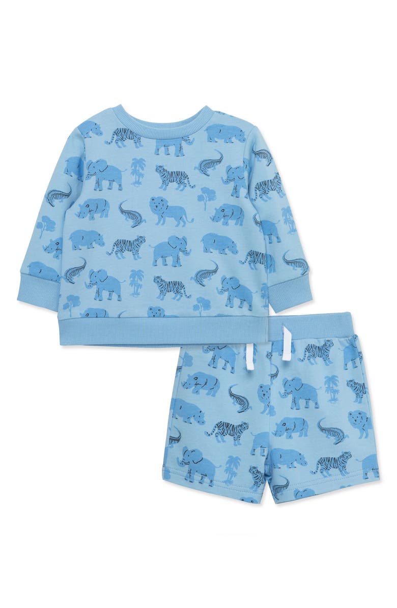 Little Me Safari Print Sweatshirt & Shorts Set, Main, color, Blue