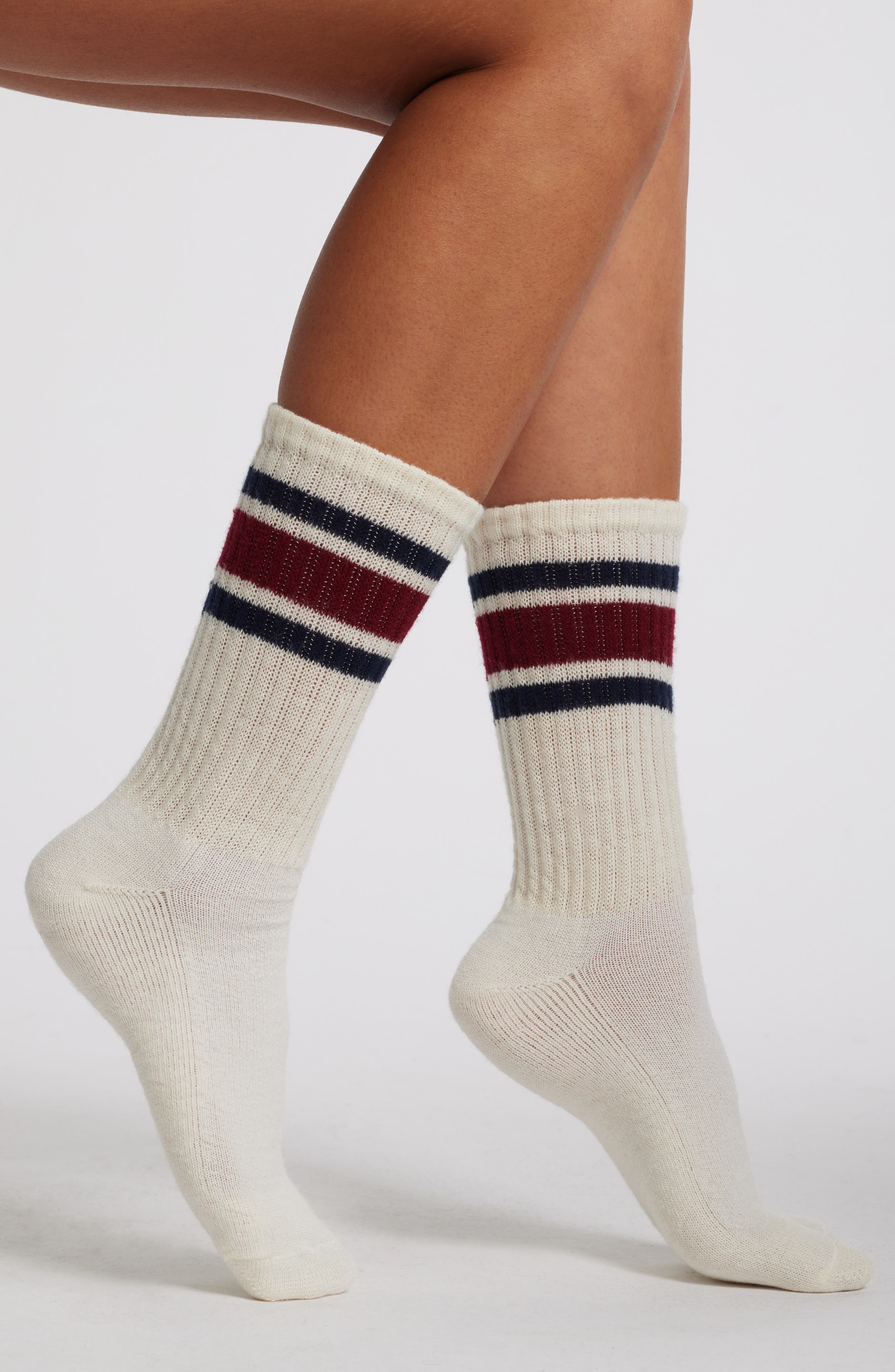 American Trench Retro Stripe Merino Wool Blend Crew Socks in Berry/Navy 