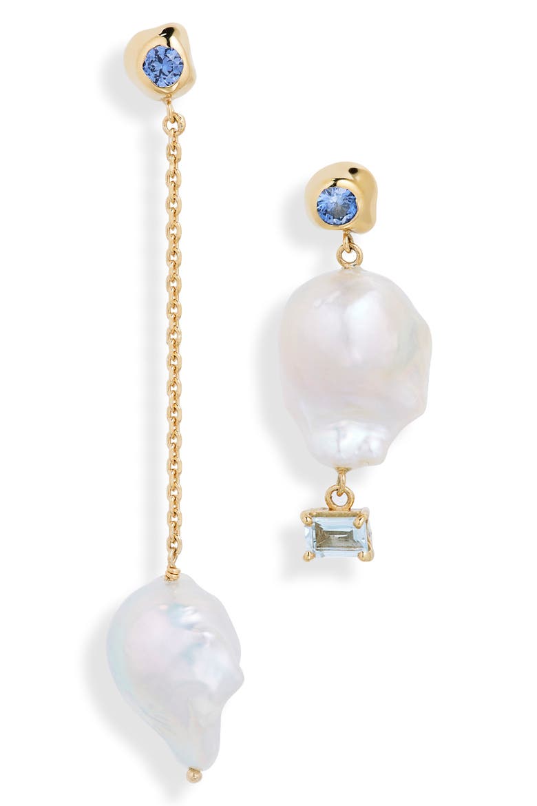 Freshwater Pearl Mismatched Drop Earrings, Main, color, GOLD