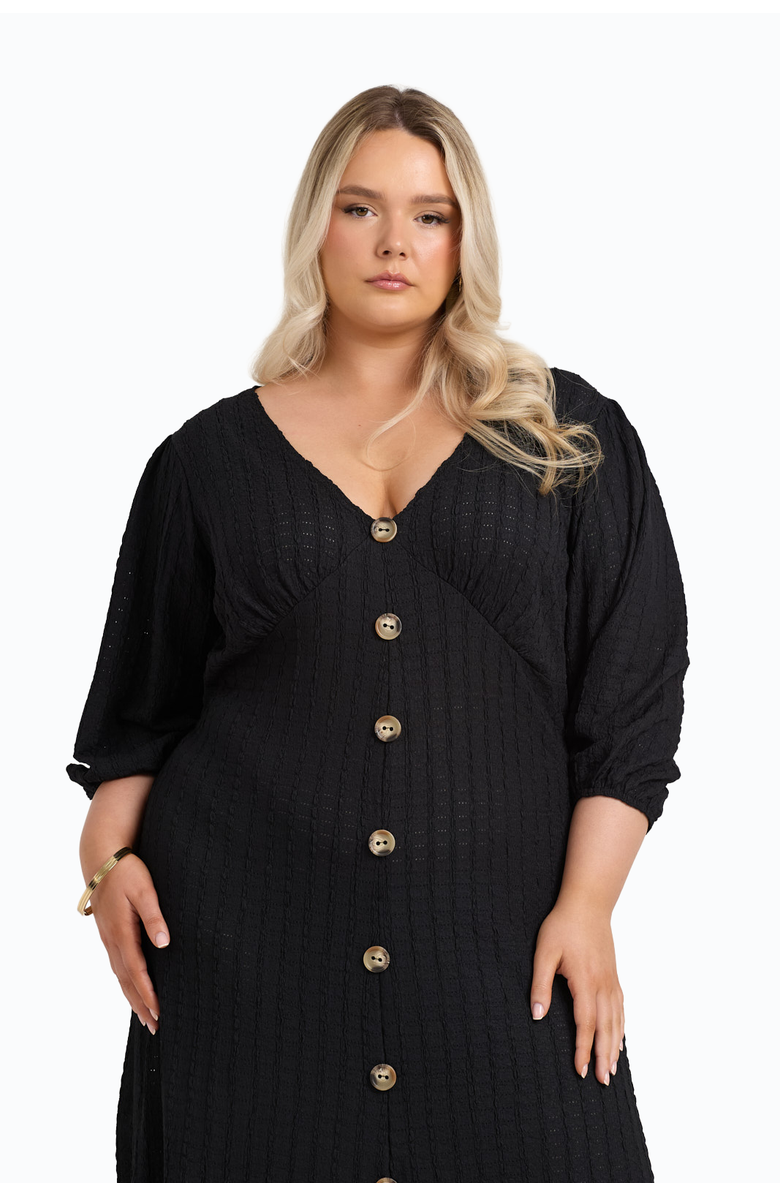 FASHION-SZN CURVE Balloon Sleeve Button Front Midi Dress, Alternate, color, Black