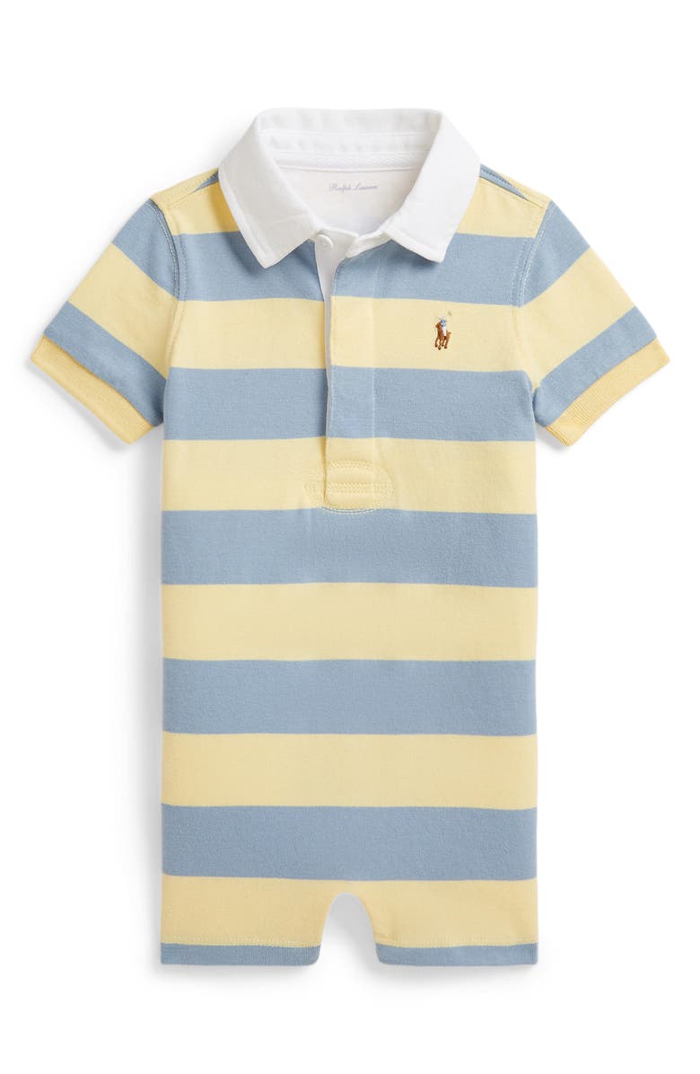 Ralph Lauren Rugby Stripe Cotton Jersey Romper, Main, color, T-Bird Yellow Multi