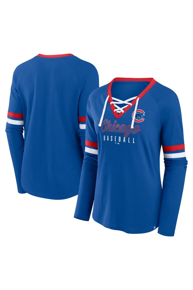 Women's Fanatics Royal Chicago Cubs Won & Done Raglan Lace-Up Long Sleeve T-Shirt, Main, color, Royal