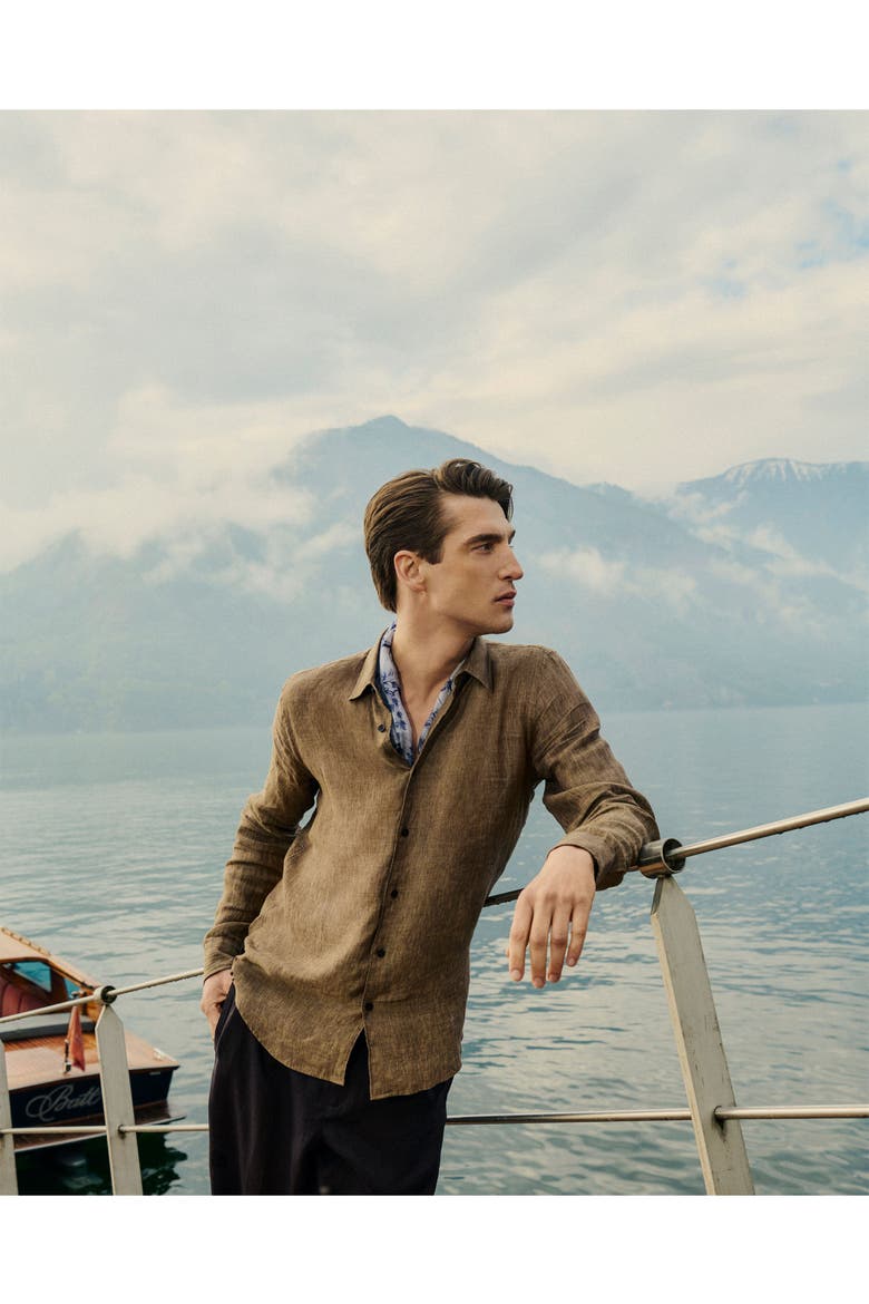 Giles Lino Tailored Fit Italian Linen Shirt, Alternate, color, Espresso