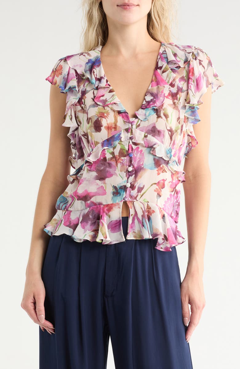 JASON WU Flutter Sleeve Ruffle Top, Main, color, Watercolor Floral
