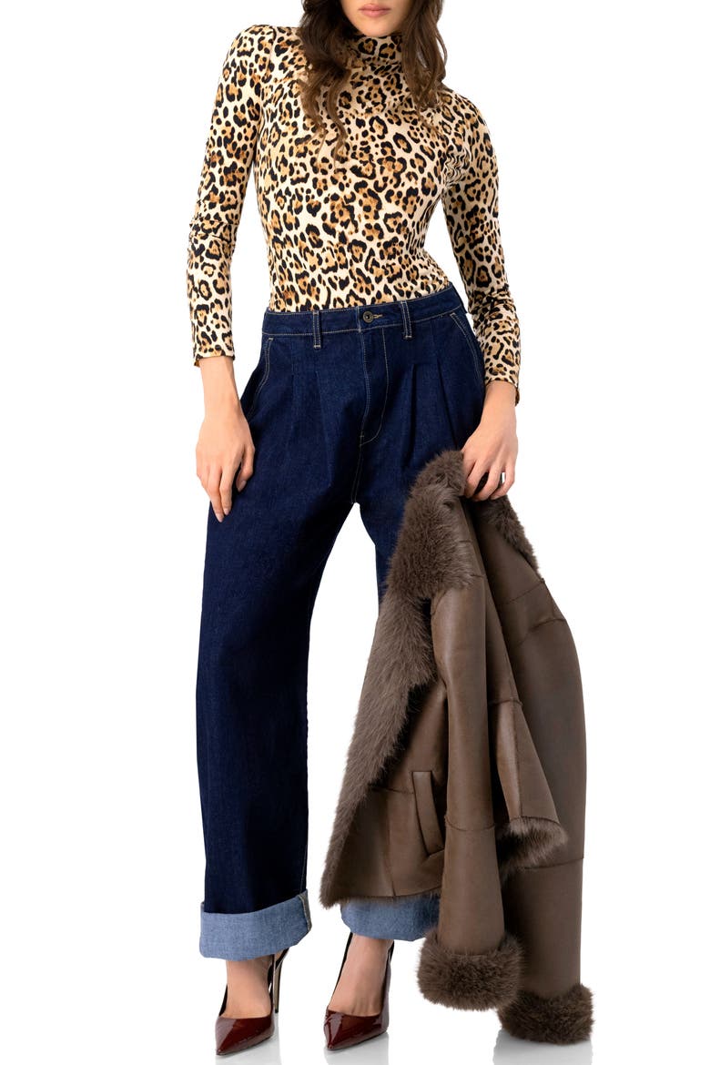 Long Sleeve Animal Print Bodysuit, Alternate, color, Beige