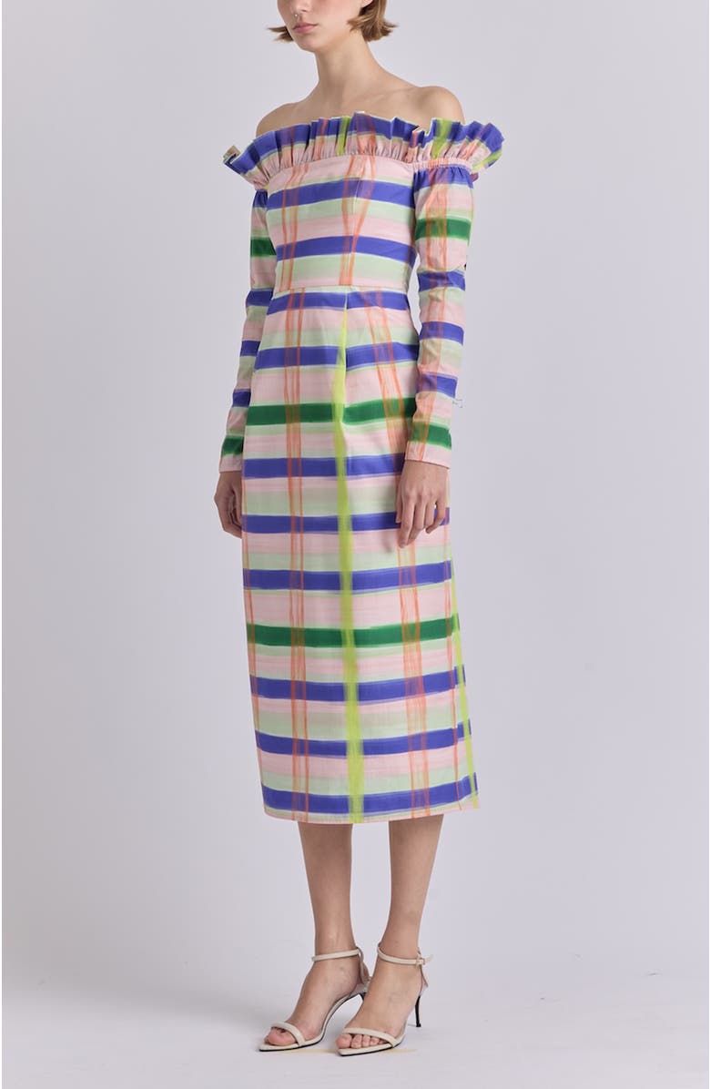 De Loreta Sara Long Sleeve Off the Shoulder Cotton Midi Dress, Main, color, Aqua Print