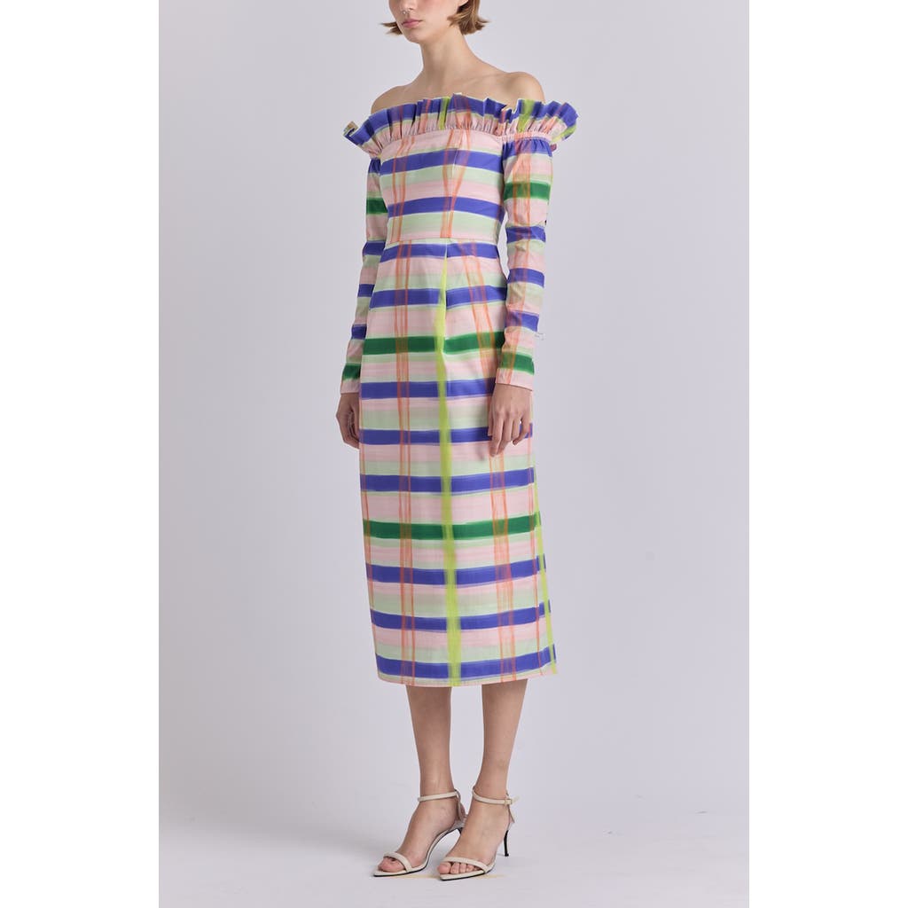 De Loreta Sara Long Sleeve Off The Shoulder Cotton Midi Dress In Blue