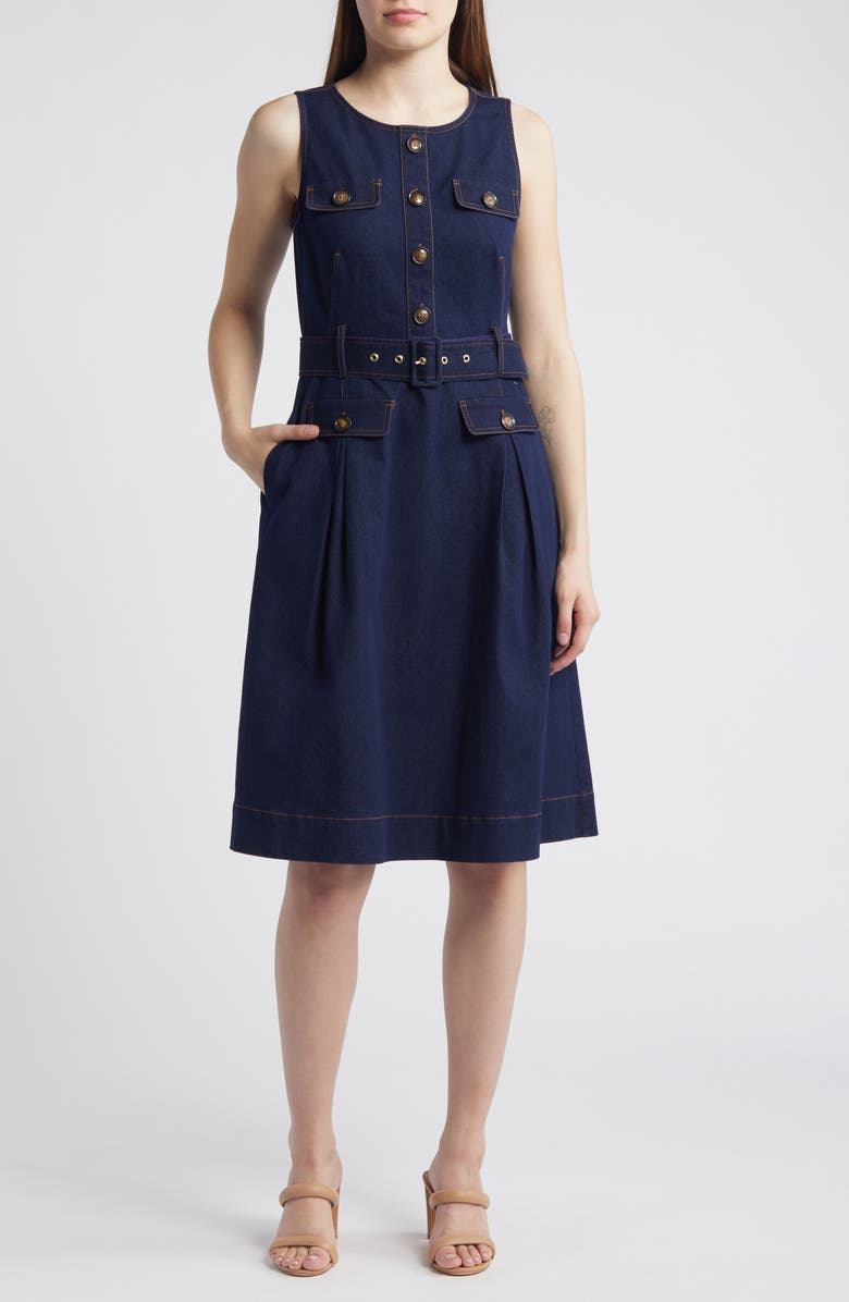Anne Klein Sleeveless Denim Shirtdress, Main, color,