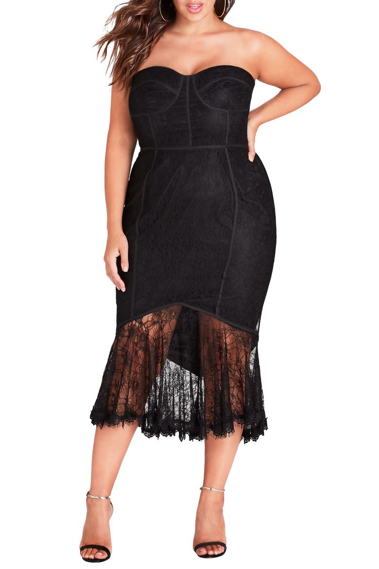 So Seductive Ruffle Hem Lace Body-Con Dress, Main, color, BLACK