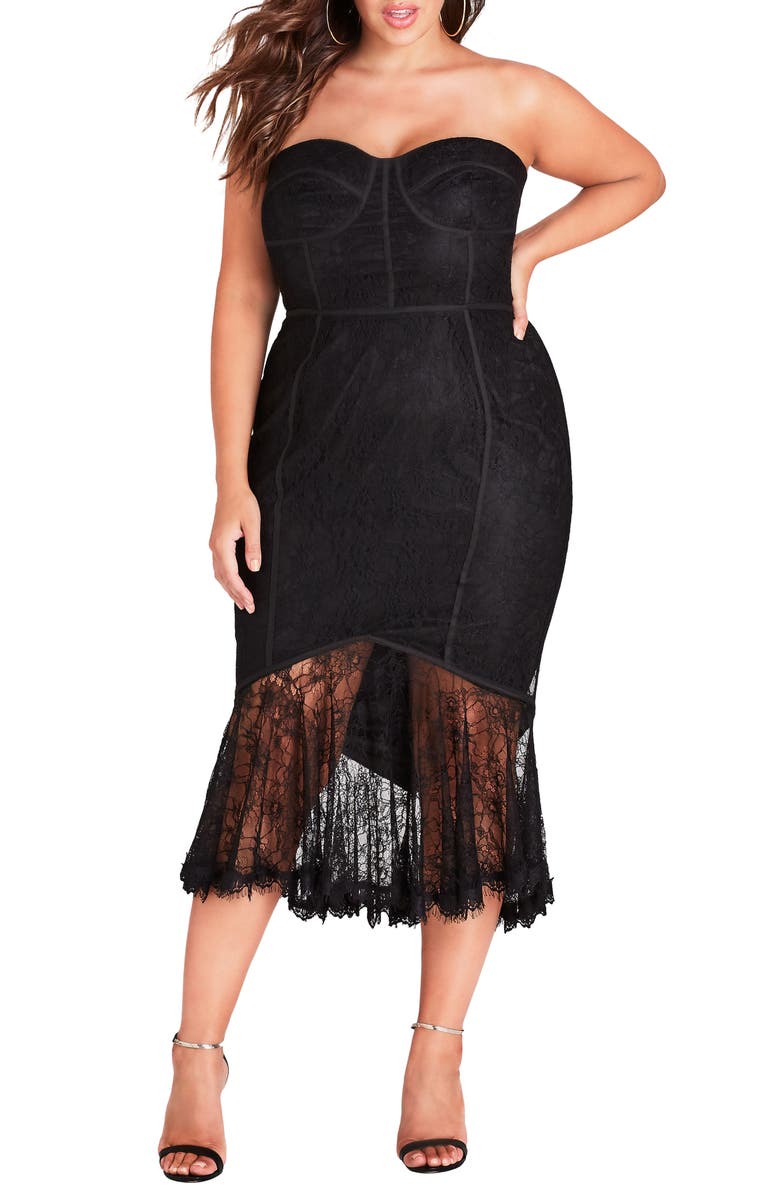 City Chic So Seductive Ruffle Hem Lace Body-Con Dress, Main, color,