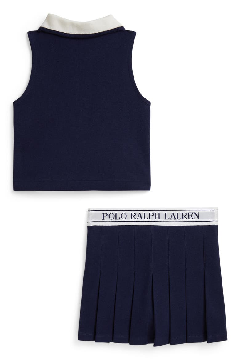 Kids' Zip Neck Mesh Top & Pleated Skirt Set, Alternate, color, REFINED NAVY