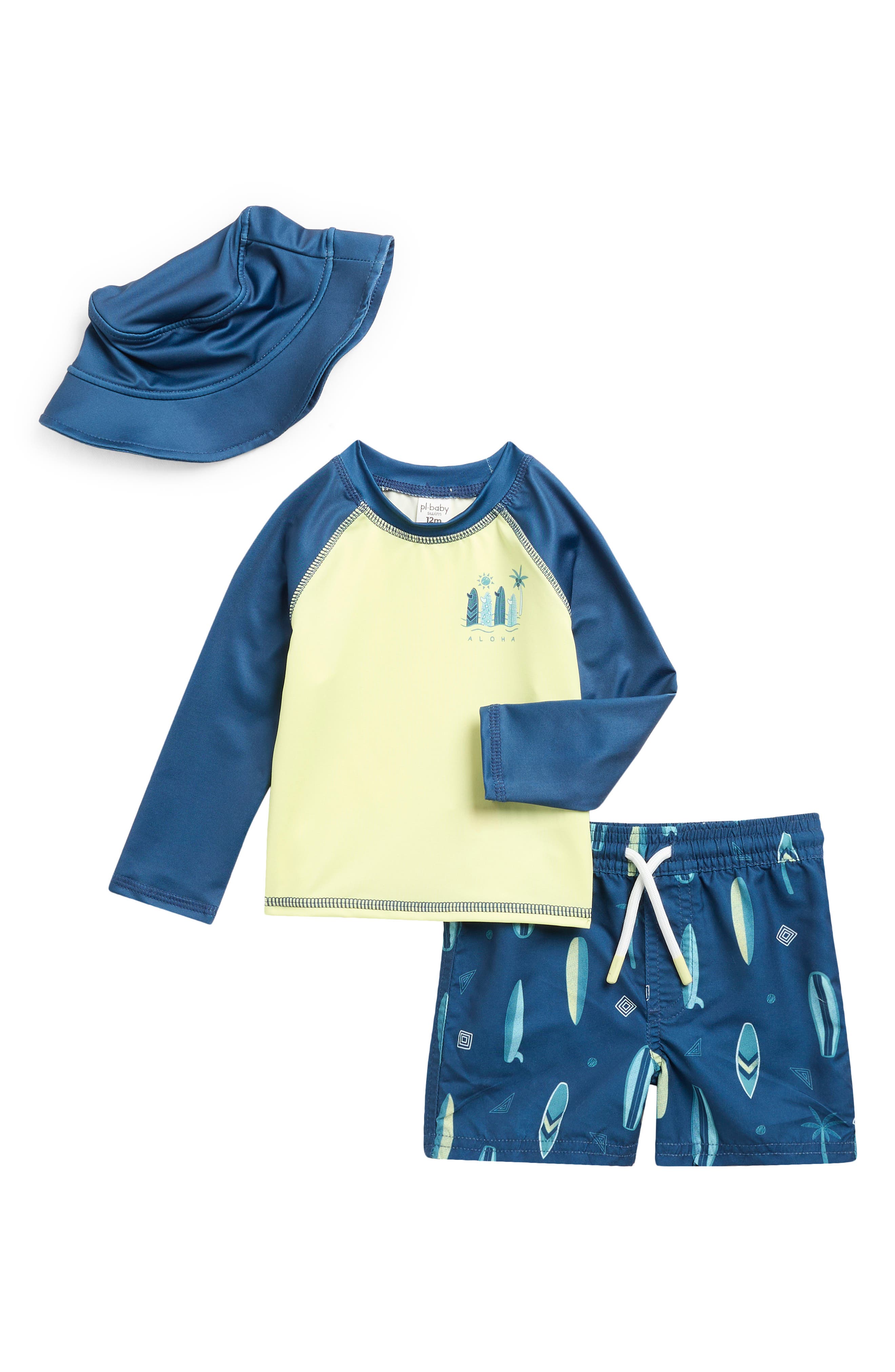 PL Baby by Petit Lem Long Sleeve Rashguard, Swim Trunks & Sun Hat Set