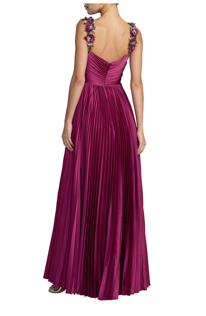Mac Duggal Petite Pleated High Low Gown With 3D Floral Straps, Alternate, color, Magenta
