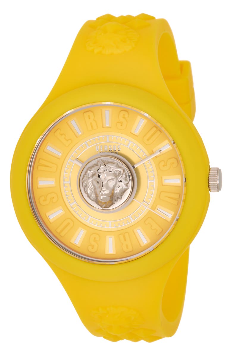 VERSUS Versace Fire Island Lion Silicone Strap Watch, 44mm, Main, color, Yellow