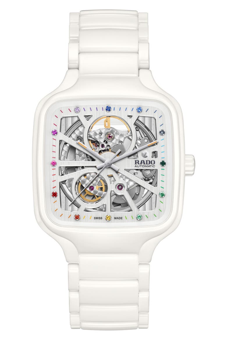 True Square Automatic Open Heart Ceramic Bracelet Watch, 38mm, Main, color, WHITE