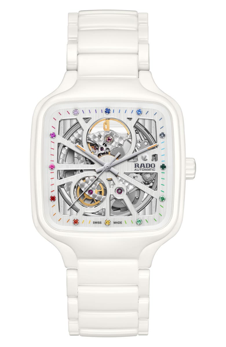 RADO True Square Automatic Open Heart Ceramic Bracelet Watch, 38mm, Main, color, White