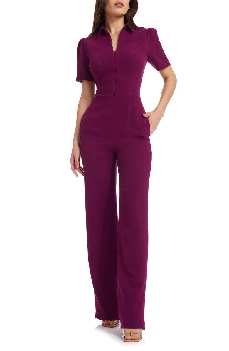 Dress the Population Gloria Front Zip Jumpsuit, Main, color, Dark Magenta