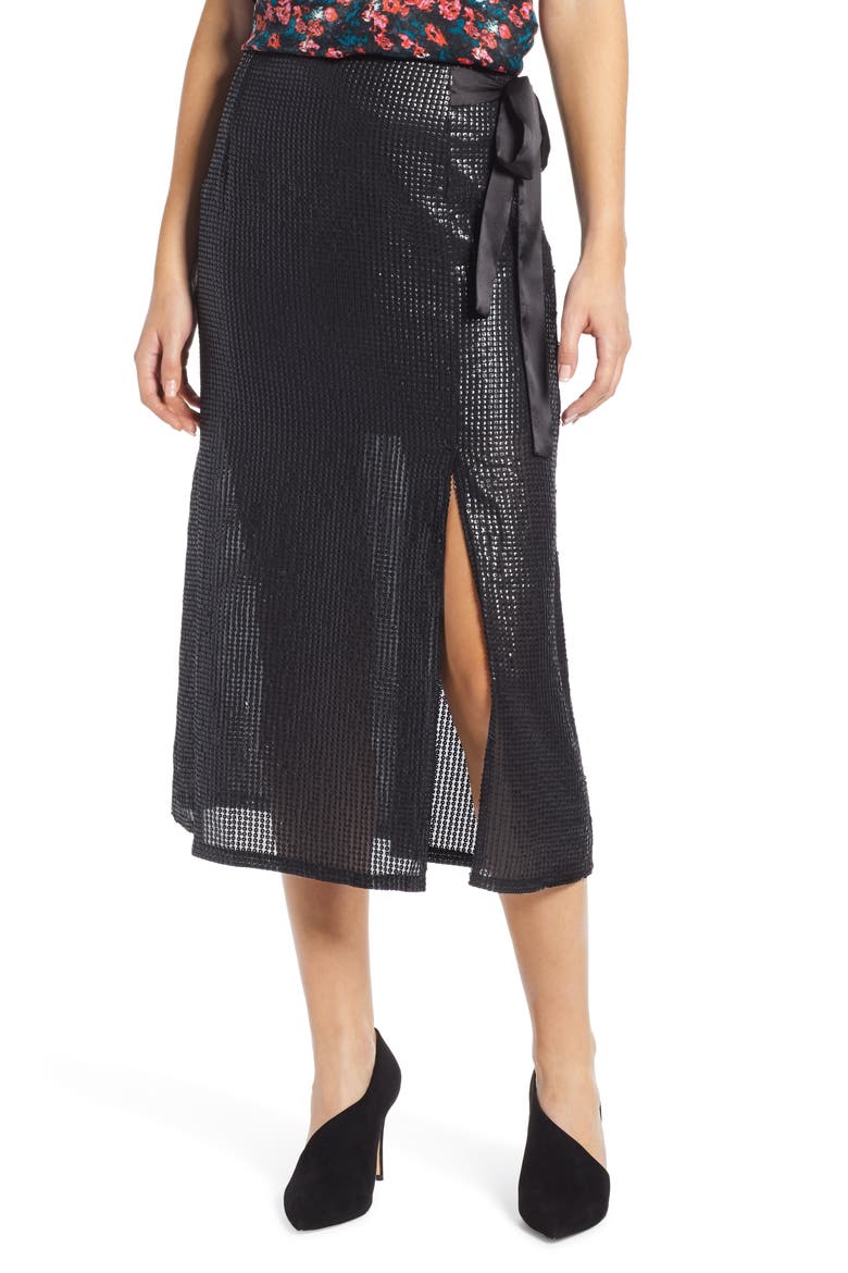 Wrap Sequin Midi Skirt (Nordstrom Exclusive), Main, color, BLACK SEQUIN