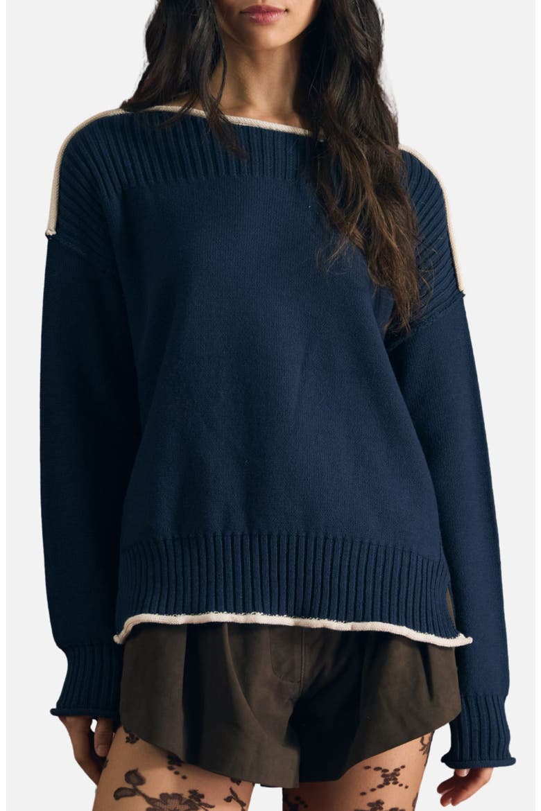 Contrast Trim Cotton Sweater, Main, color, NAVY