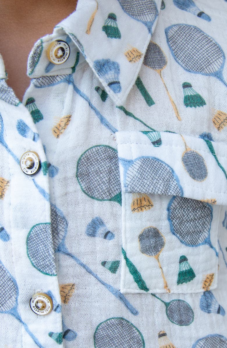 Miki Miette Kids' Jerry Racket Print Short Sleeve Cotton Button-Up Shirt, Alternate, color, Badminton