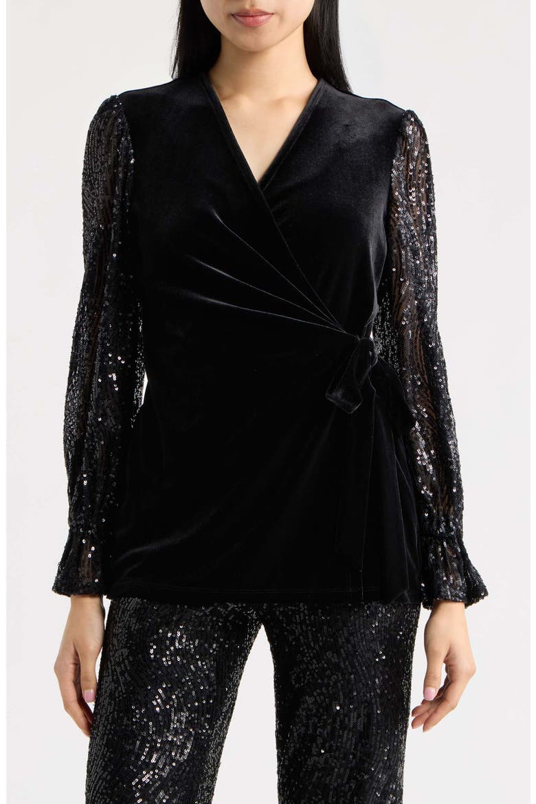 Leo Sequin Sleeve Velvet Wrap Top, Main, color, ANNE BLACK