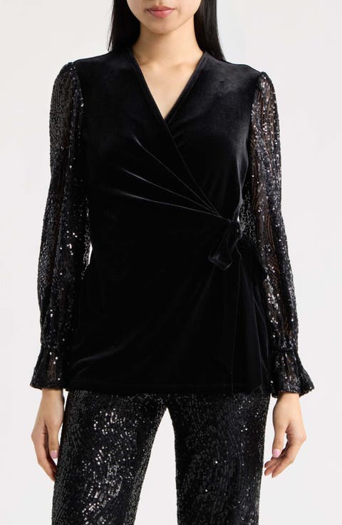 Leo Sequin Sleeve Velvet Wrap Top