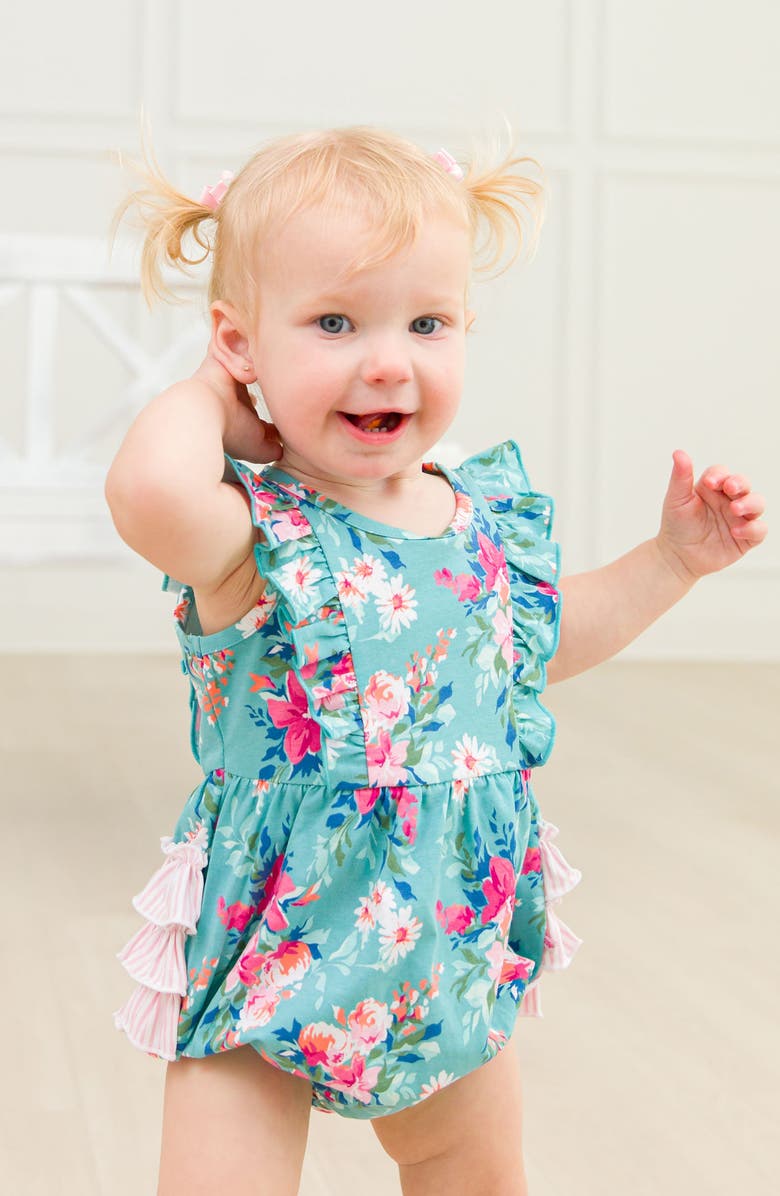 RuffleButts Fancy Me Floral Ruffle Waterfall Bubble Romper, Alternate, color, Blue
