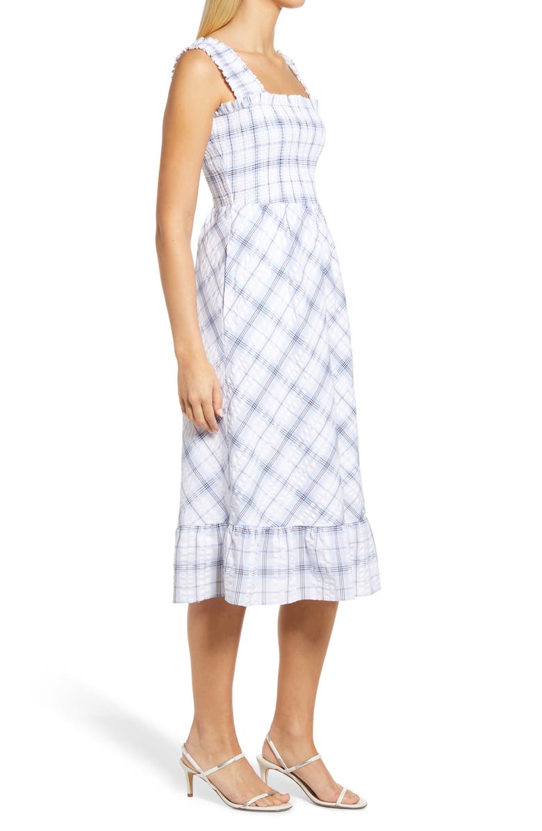 Eliza J Smocked Plaid Cotton Seersucker Midi Sundress, Alternate, color, 