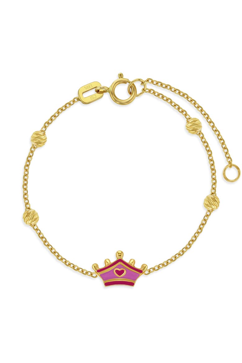14k Pink Enamel Crown Girls Bracelet, Main, color, Pink