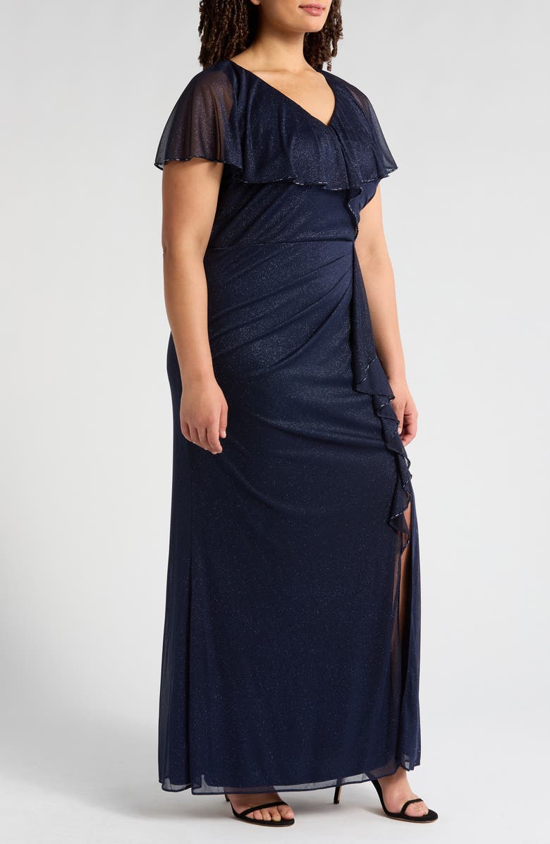 SL FASHIONS Beaded Shimmer Capelet Gown, Alternate, color, Navy