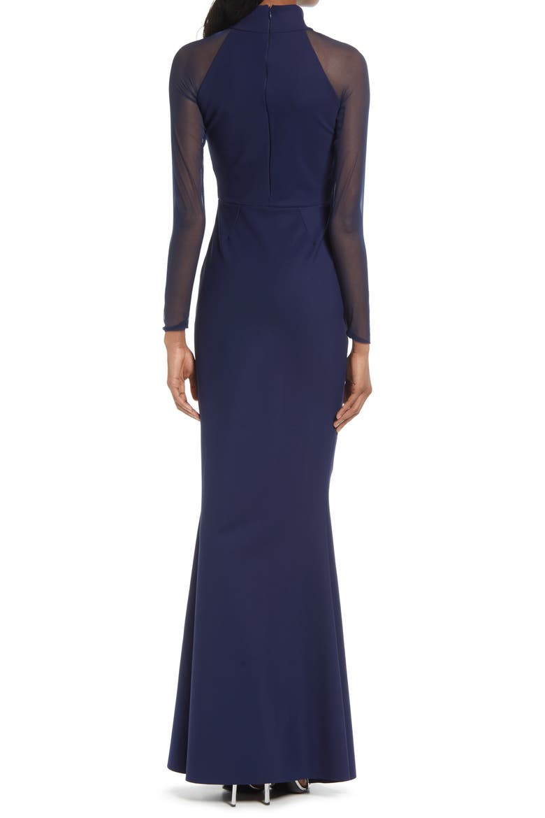 Maylys Illusion Mesh Mock Neck Trumpet Gown, Alternate, color, NAVY