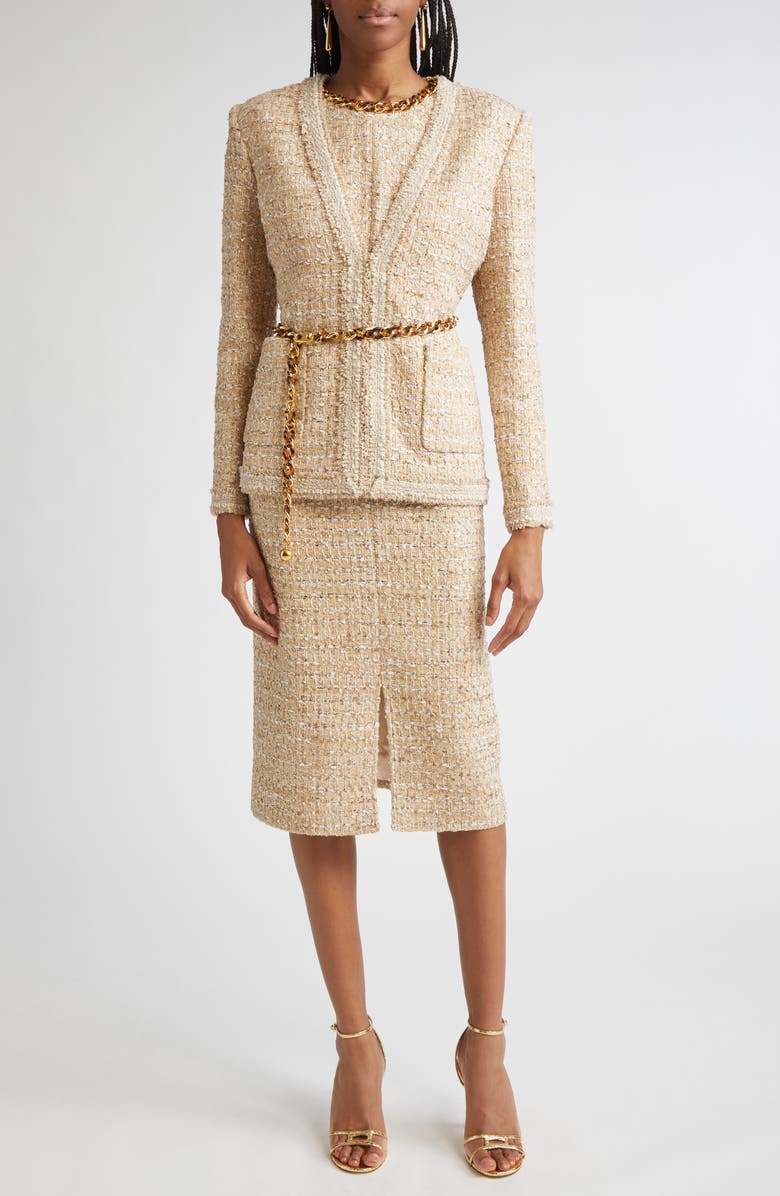 ST. JOHN Tweed Jacket with Chain Belt, Alternate, color, Flax Willow/ Ivory Multi