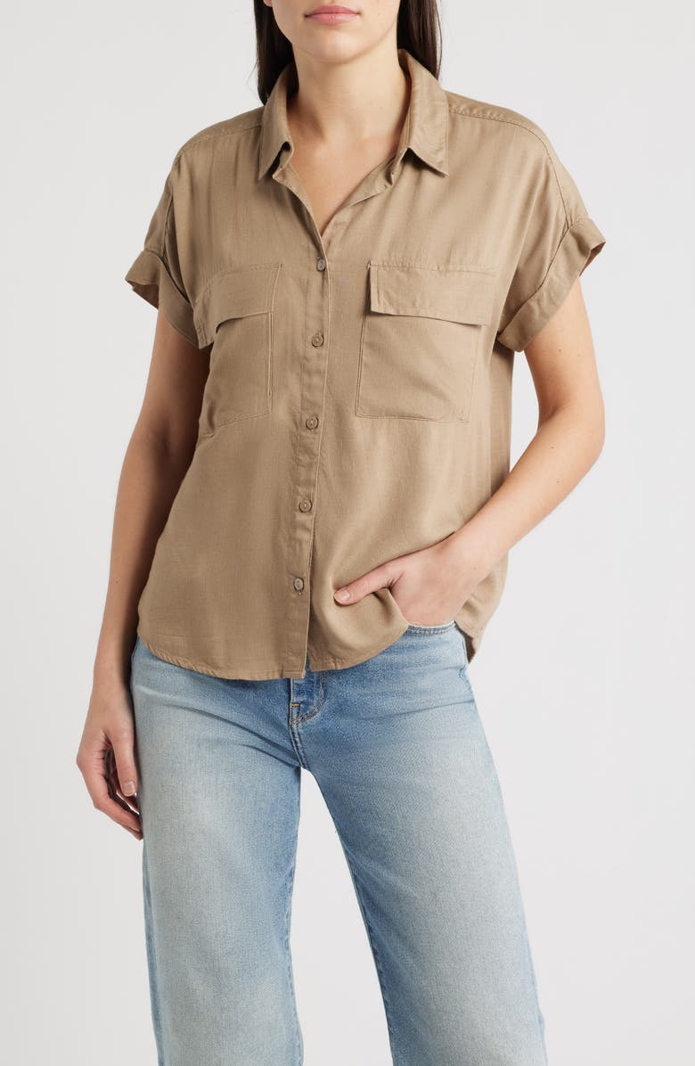 beachlunchlounge Kia Short Sleeve Button-Up Shirt, Main, color, Dijon