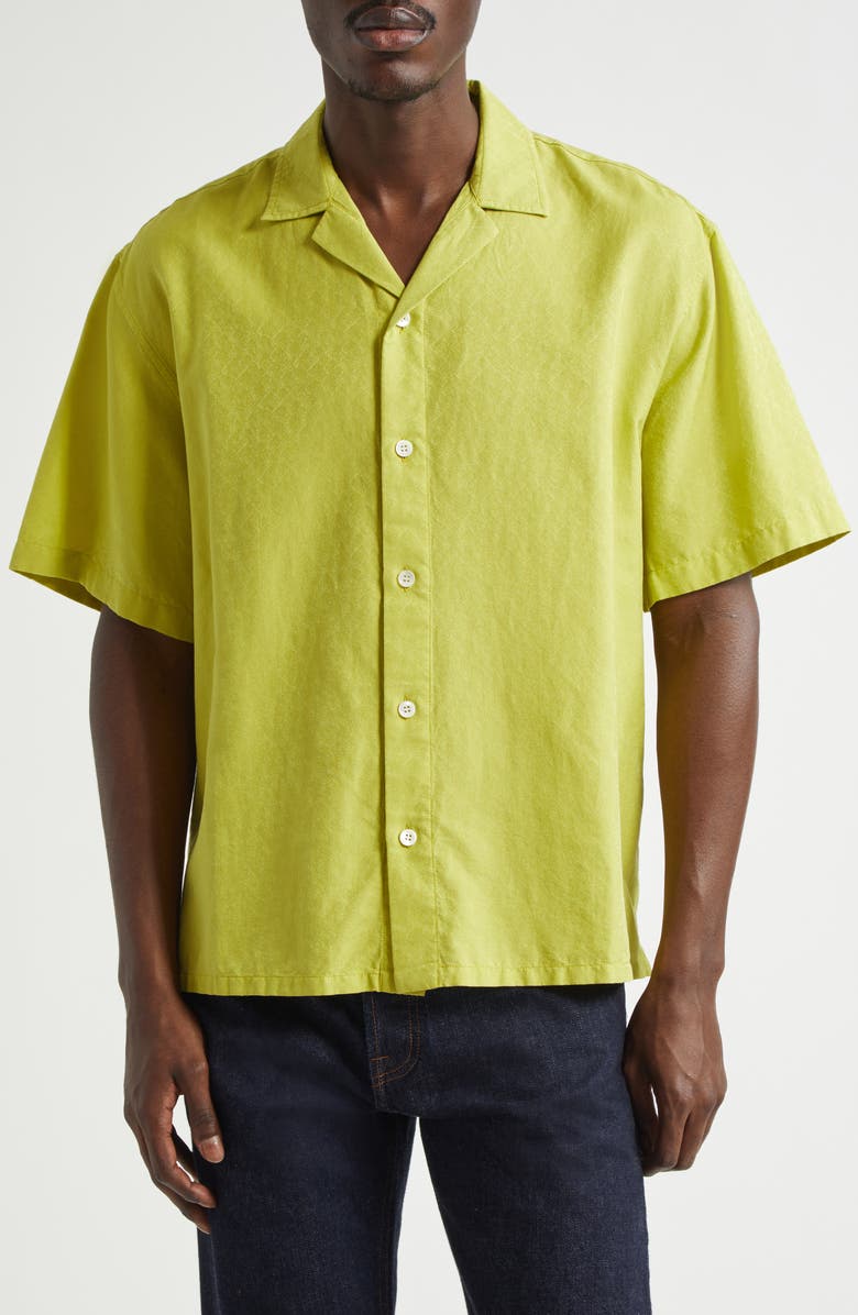 The Elder Statesman Silk & Cotton Jacquard Camp Shirt, Main, color, Chartreuse