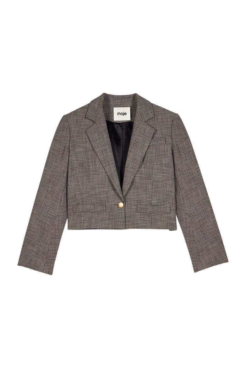 Short Checked Suit Jacket, Alternate, color, Brown