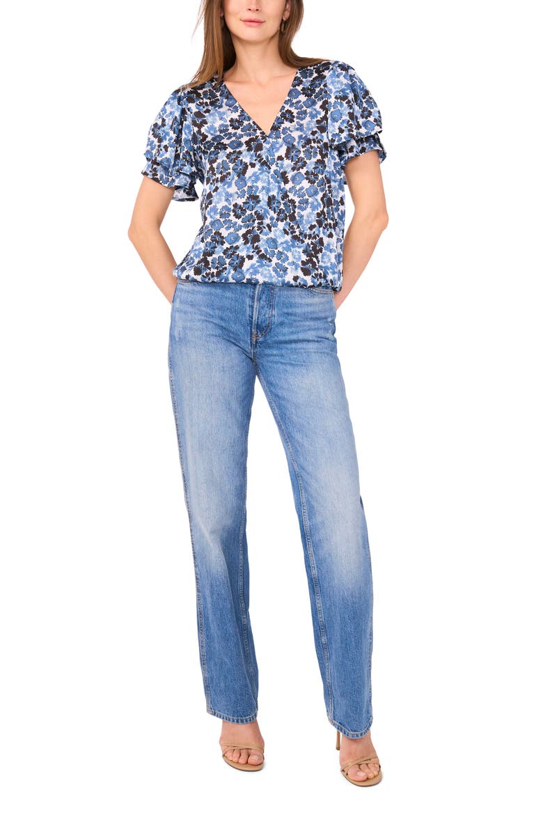 Floral Print Tulip Sleeve Wrap Top, Alternate, color, FRENCH BLUE
